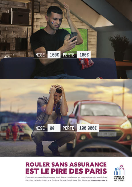Affiche de campagne : Un homme perd 100 000 €. Il est non-assuré et auteur d'un accident